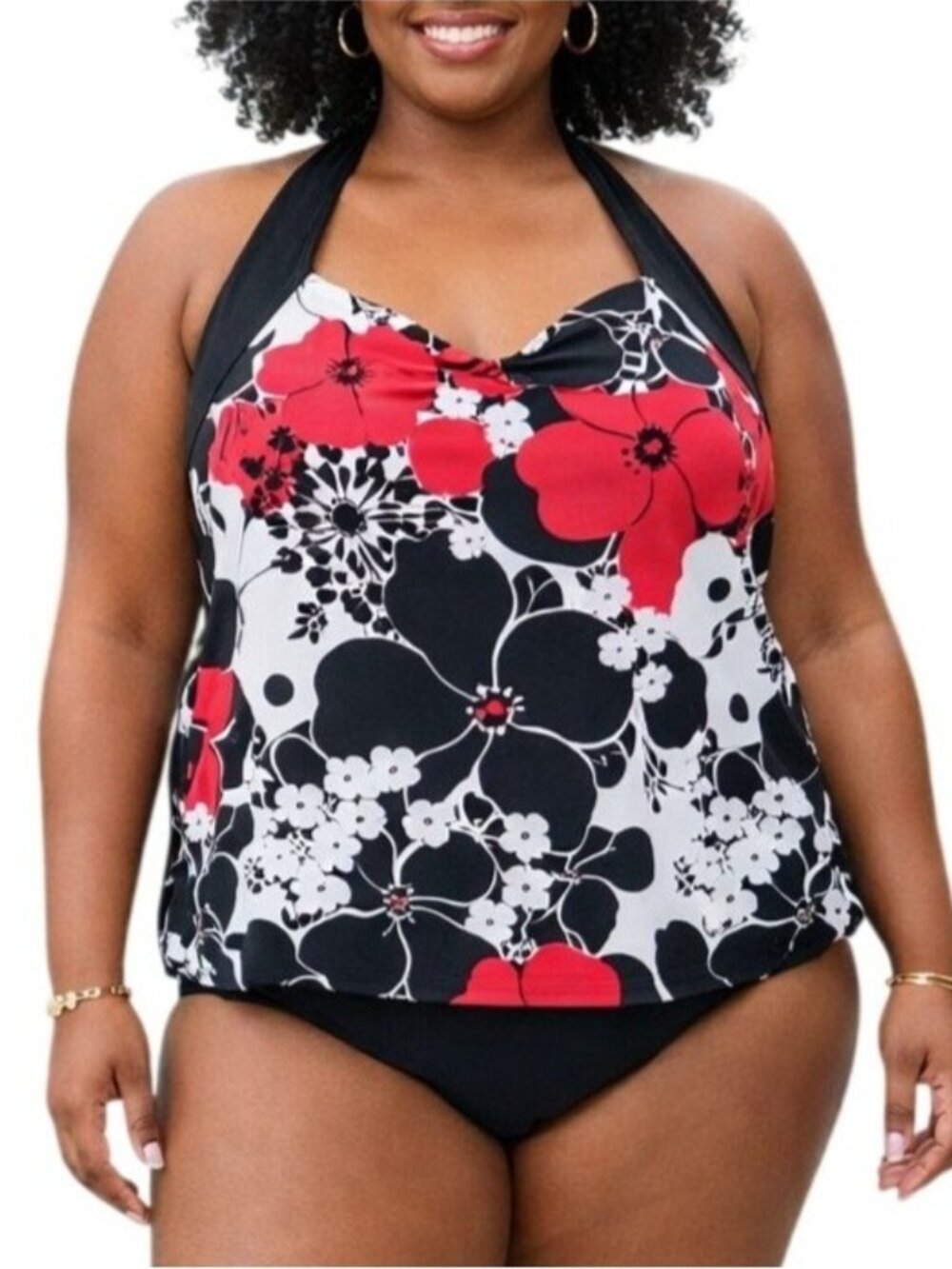 Cherokee Plus Size 16W Tankini Top Adjustable Tie Halter Black Floral Print